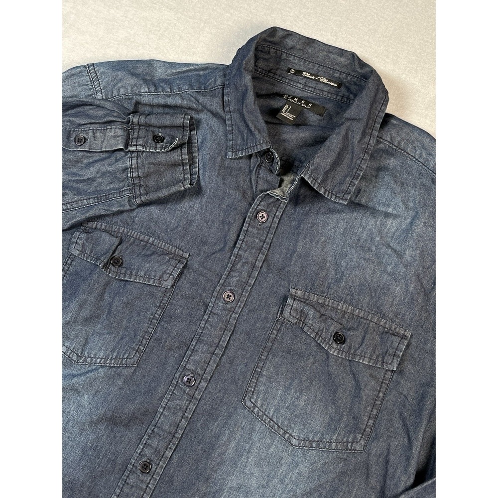 21 Men Long Sleeve Button Up Shirt Large Denim Pearl Snap Cotton Western Pockets